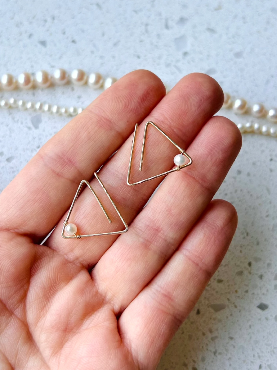 Small Pearl Triangle Stud Earrings