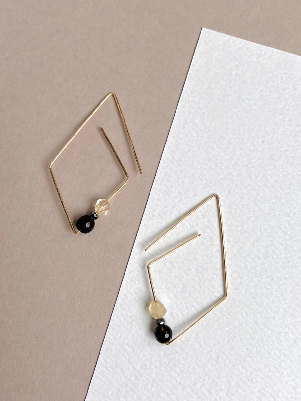 Smokey Quartz, Citrine, and Hematite Rhombus Hoops