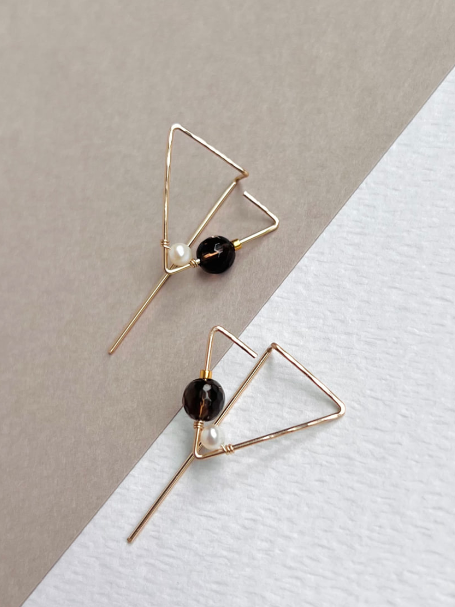 Smokey Quartz and Freshwater Pearl Triangle Stud Earrings