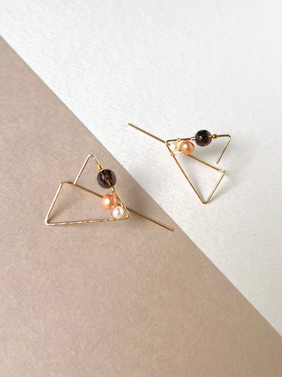Smokey Quartz and Freshwater Pearls Triangle Stud Earrings