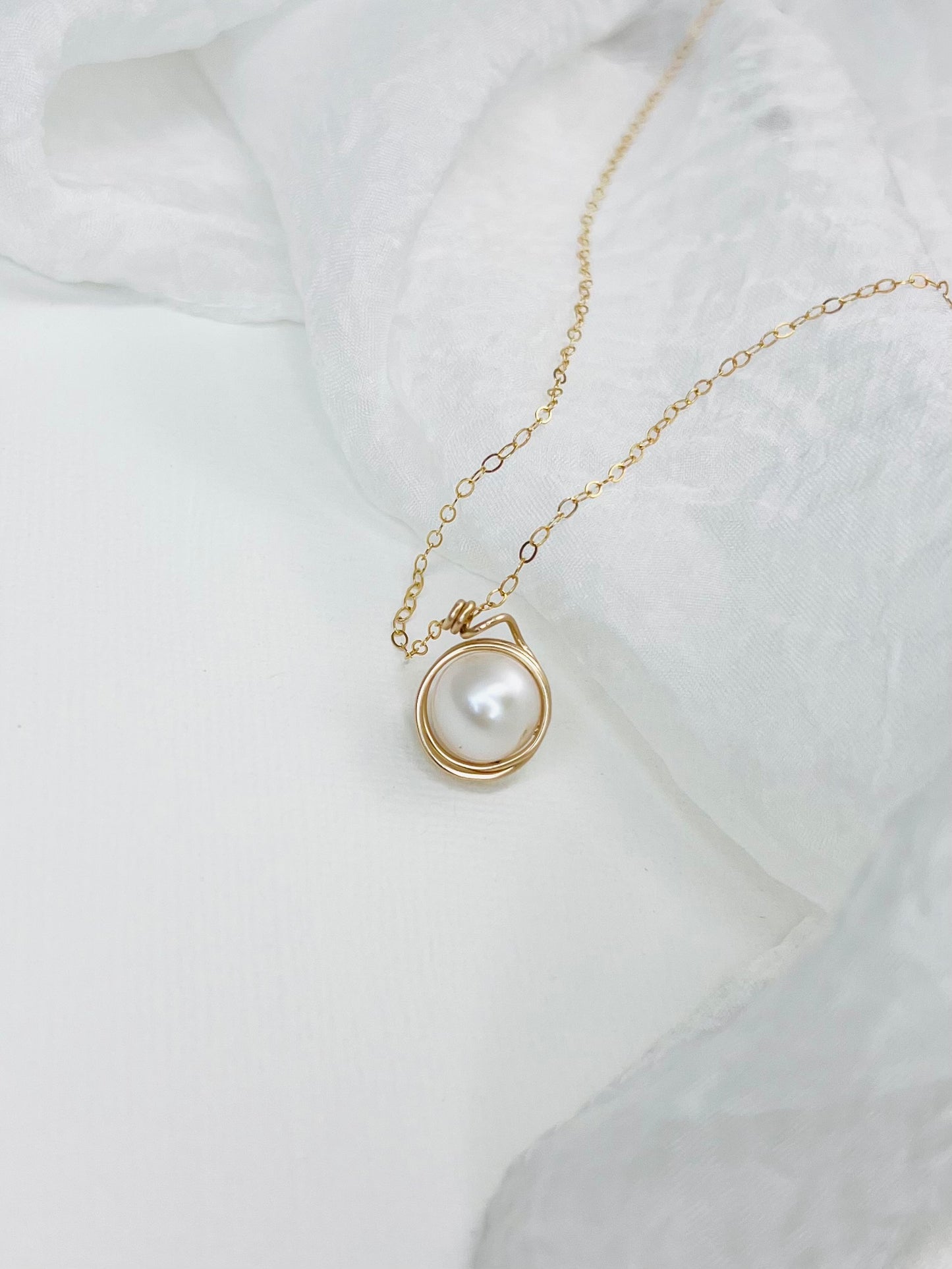 The "Swirl" Necklace | Wire Wrapped Natural Pearl Pendant in 14k Gold