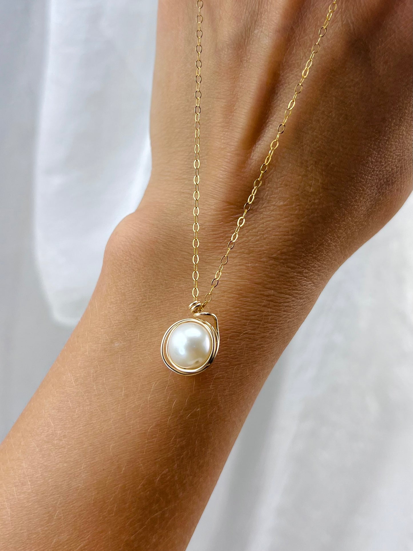 The "Swirl" Necklace | Wire Wrapped Natural Pearl Pendant in 14k Gold