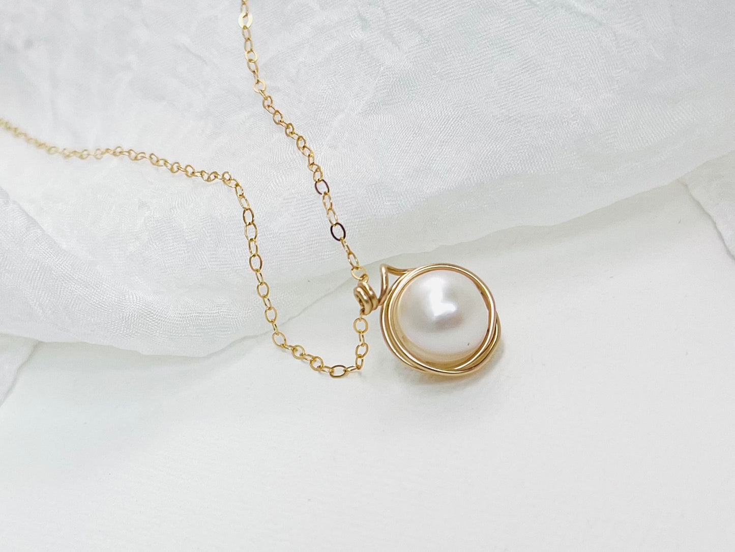 The "Swirl" Necklace | Wire Wrapped Natural Pearl Pendant in 14k Gold