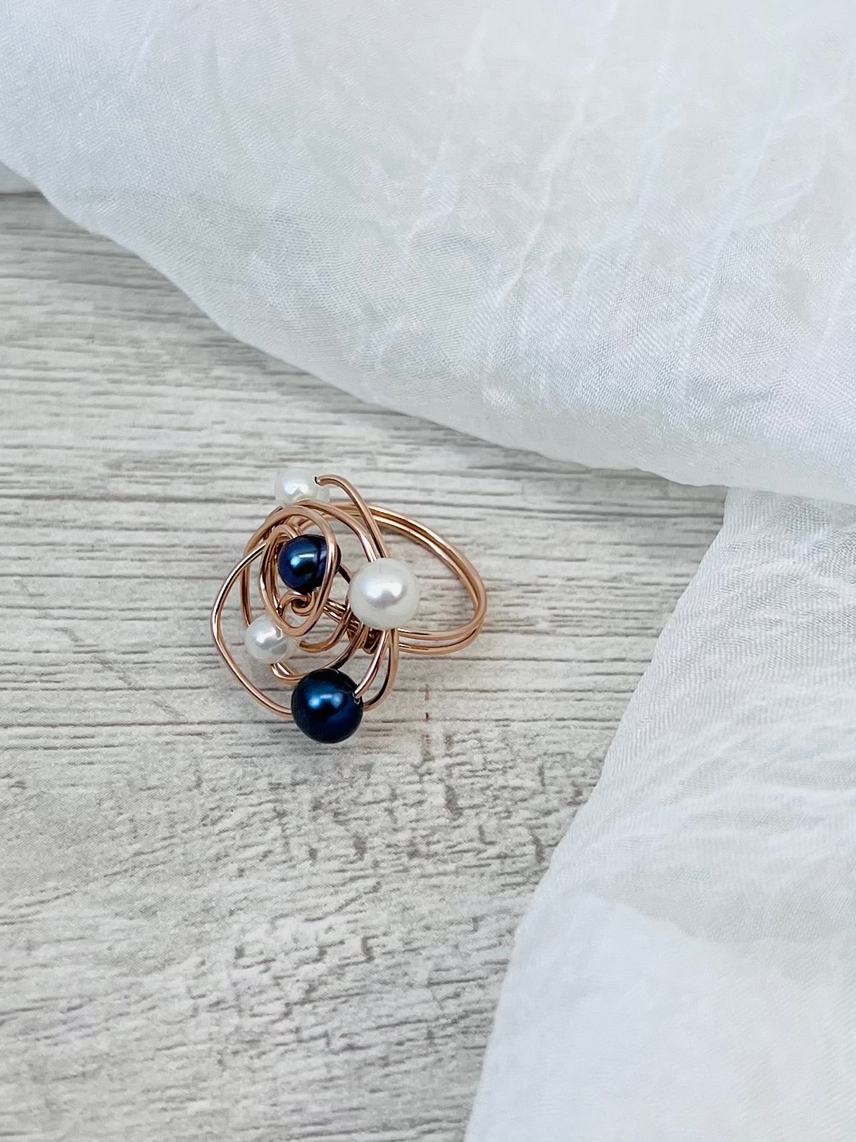 The "Universe" Ring | Architectural Black & White Pearl Ring in 14k Rose Gold