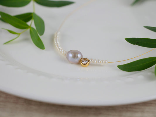 Grey Pearl Necklace, Zircon Minimalist Jewelry, Minimalist Bridal Necklet, Wedding Choker, Bridesmaid Beads
