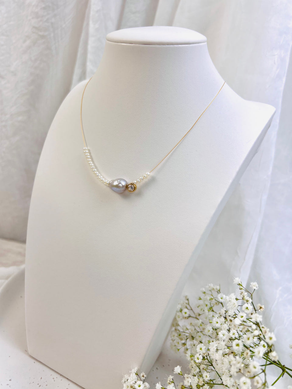 Baroque Pearl Necklace, Zircon Minimalist Pendant, Minimalist Bridal Necklet, Wedding Choker, Bridesmaid Beads, Gift for Her