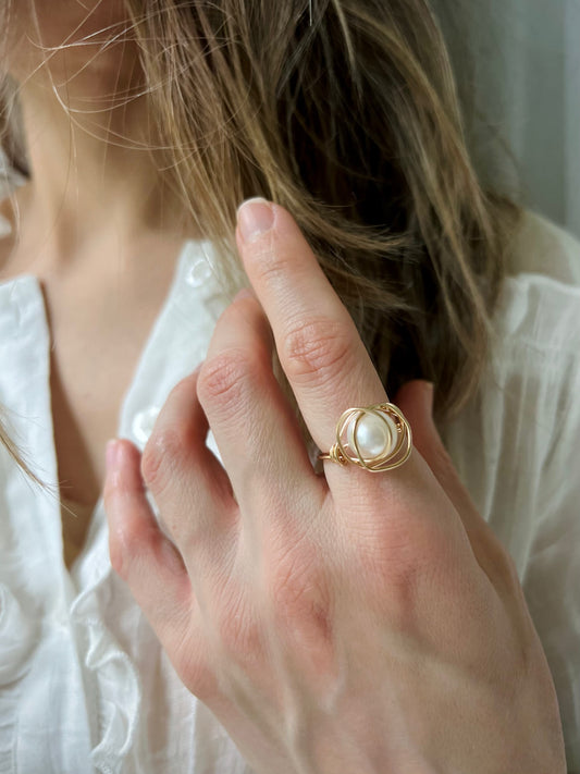 Pearl Gold Ring, Engagement Jewelry, Asymmetric Accessory