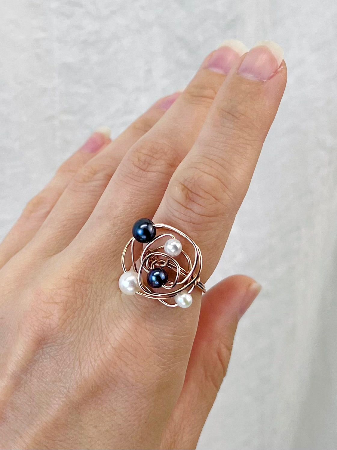 The "Universe" Ring | Architectural Black & White Pearl Ring in 14k Rose Gold