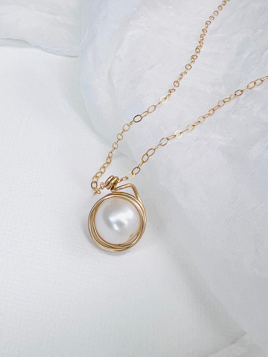 The "Swirl" Necklace | Wire Wrapped Natural Pearl Pendant in 14k Gold