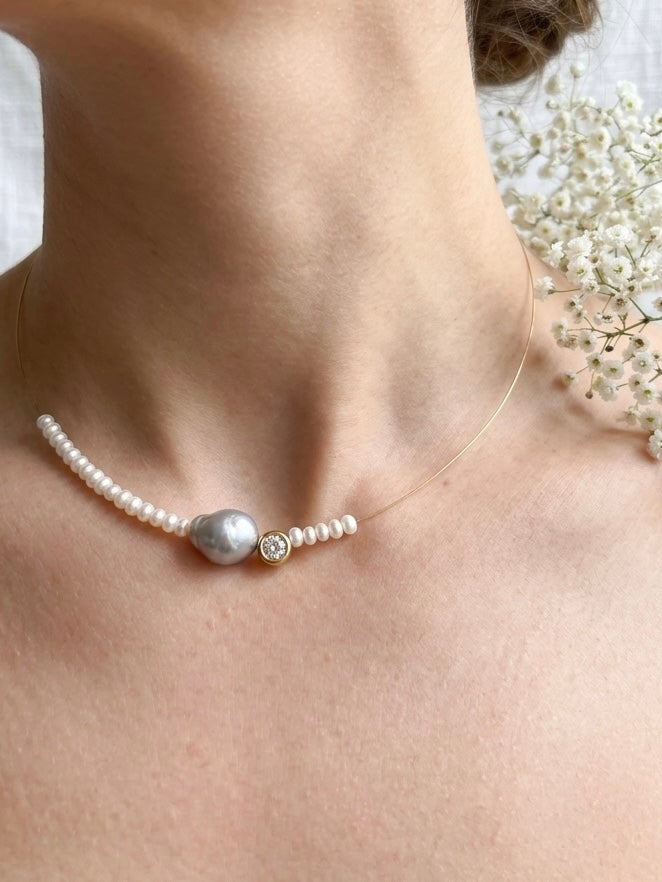 Baroque Pearl Necklace, Zircon Minimalist Pendant, Minimalist Bridal Necklet, Wedding Choker, Bridesmaid Beads, Gift for Her