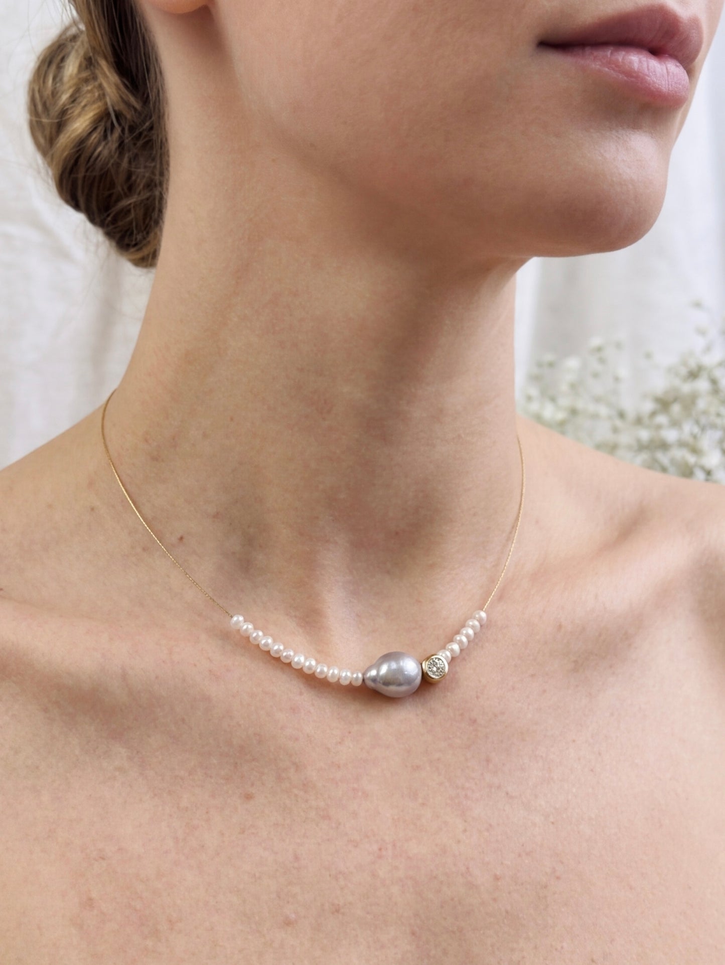 Baroque Pearl Necklace, Zircon Minimalist Pendant, Minimalist Bridal Necklet, Wedding Choker, Bridesmaid Beads, Gift for Her