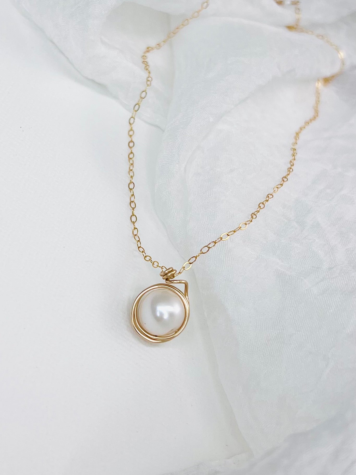The "Swirl" Necklace | Wire Wrapped Natural Pearl Pendant in 14k Gold
