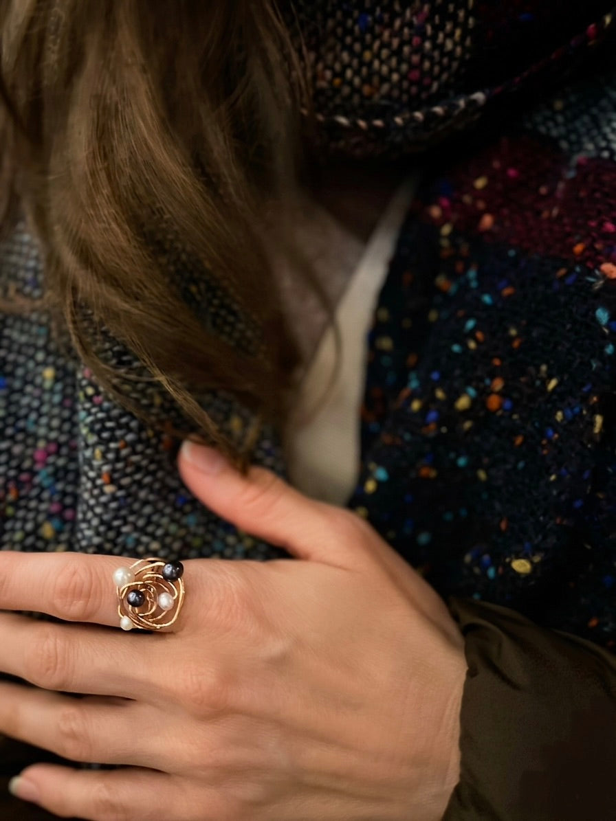 The "Universe" Ring | Architectural Black & White Pearl Ring in 14k Rose Gold