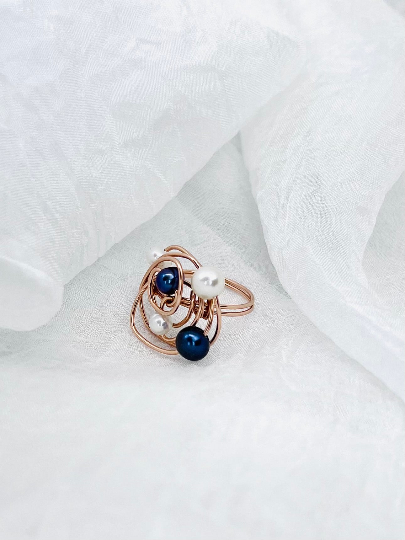 The "Universe" Ring | Architectural Black & White Pearl Ring in 14k Rose Gold