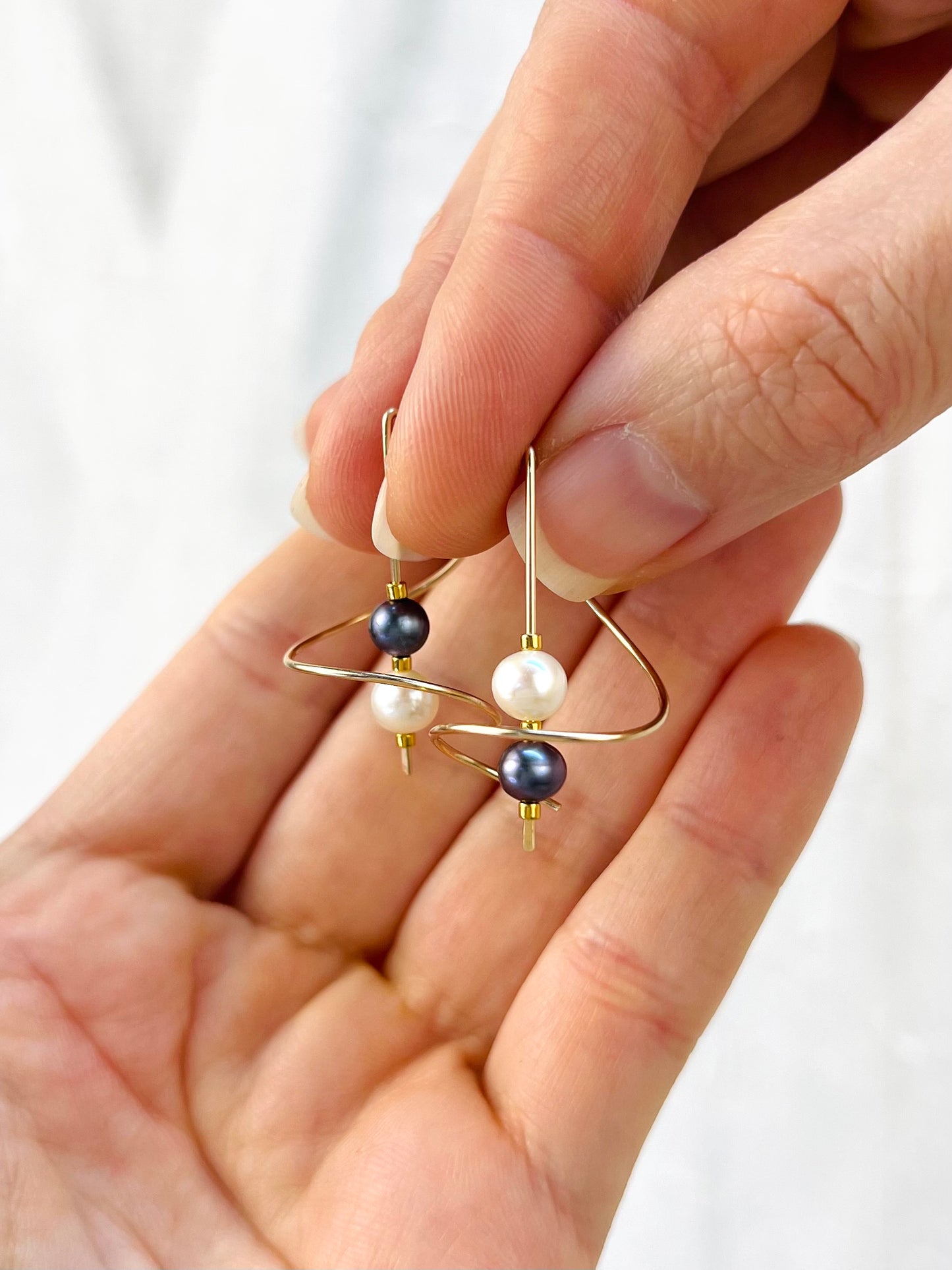 Black and White Pearl Earrings, Minimalist Threaders, Bridal Earrings, Long Hook Earrings, Freeform Long Earrings, Gift for Her