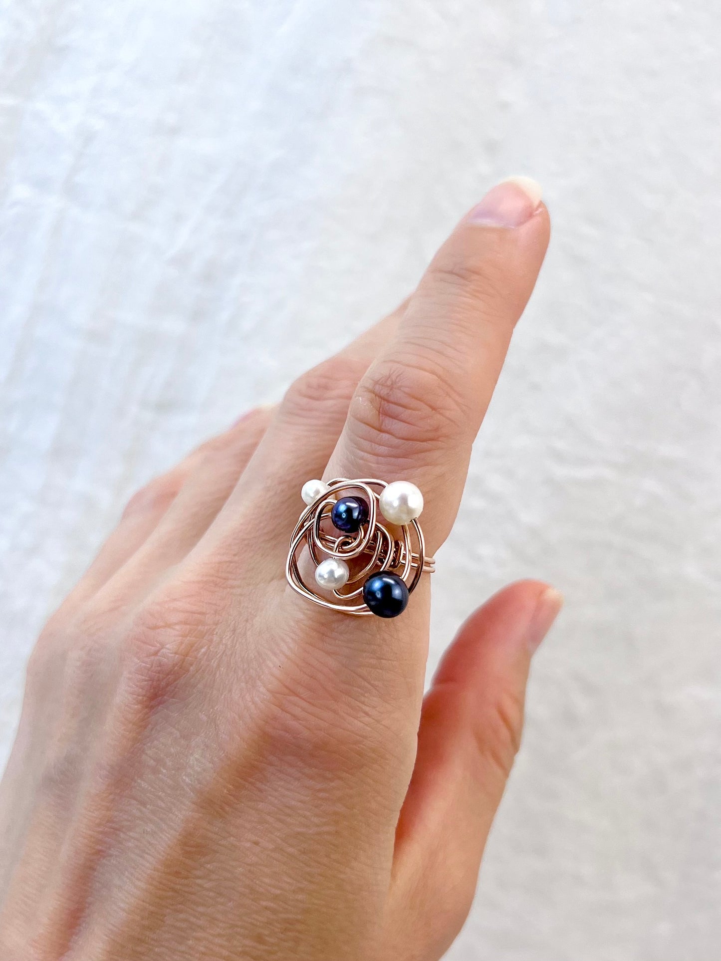 The "Universe" Ring | Architectural Black & White Pearl Ring in 14k Rose Gold