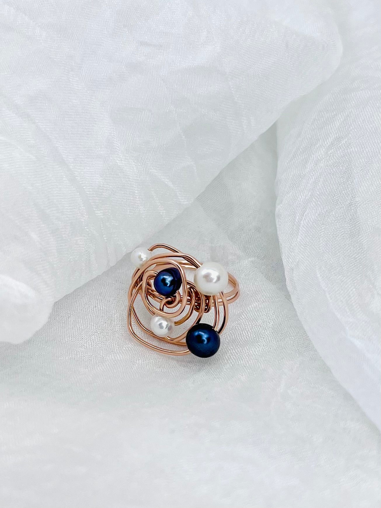 The "Universe" Ring | Architectural Black & White Pearl Ring in 14k Rose Gold