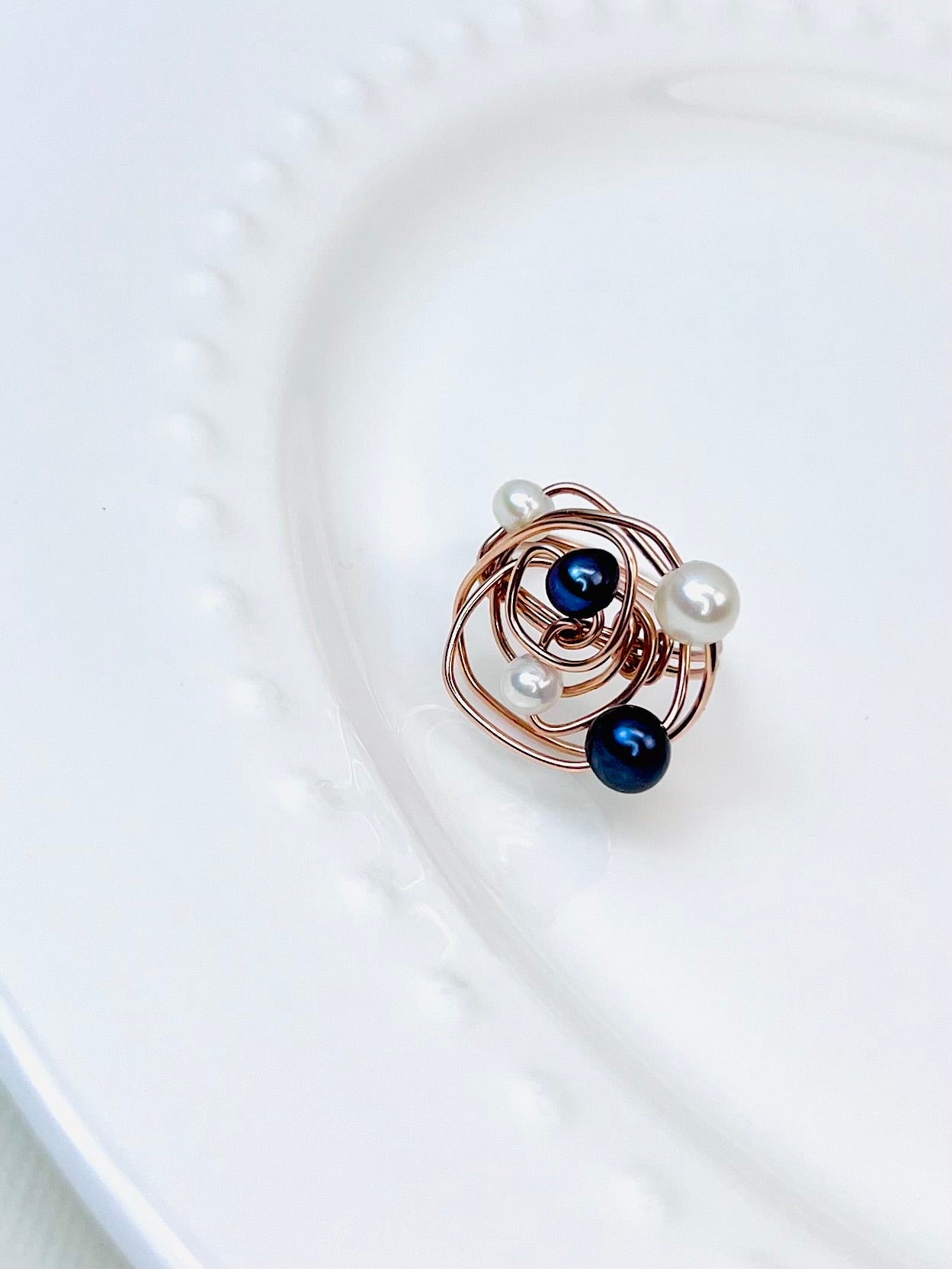 The "Universe" Ring | Architectural Black & White Pearl Ring in 14k Rose Gold